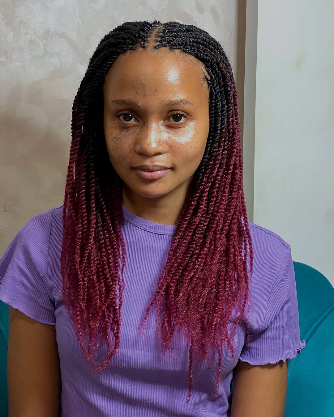 Long burgundy braids front view